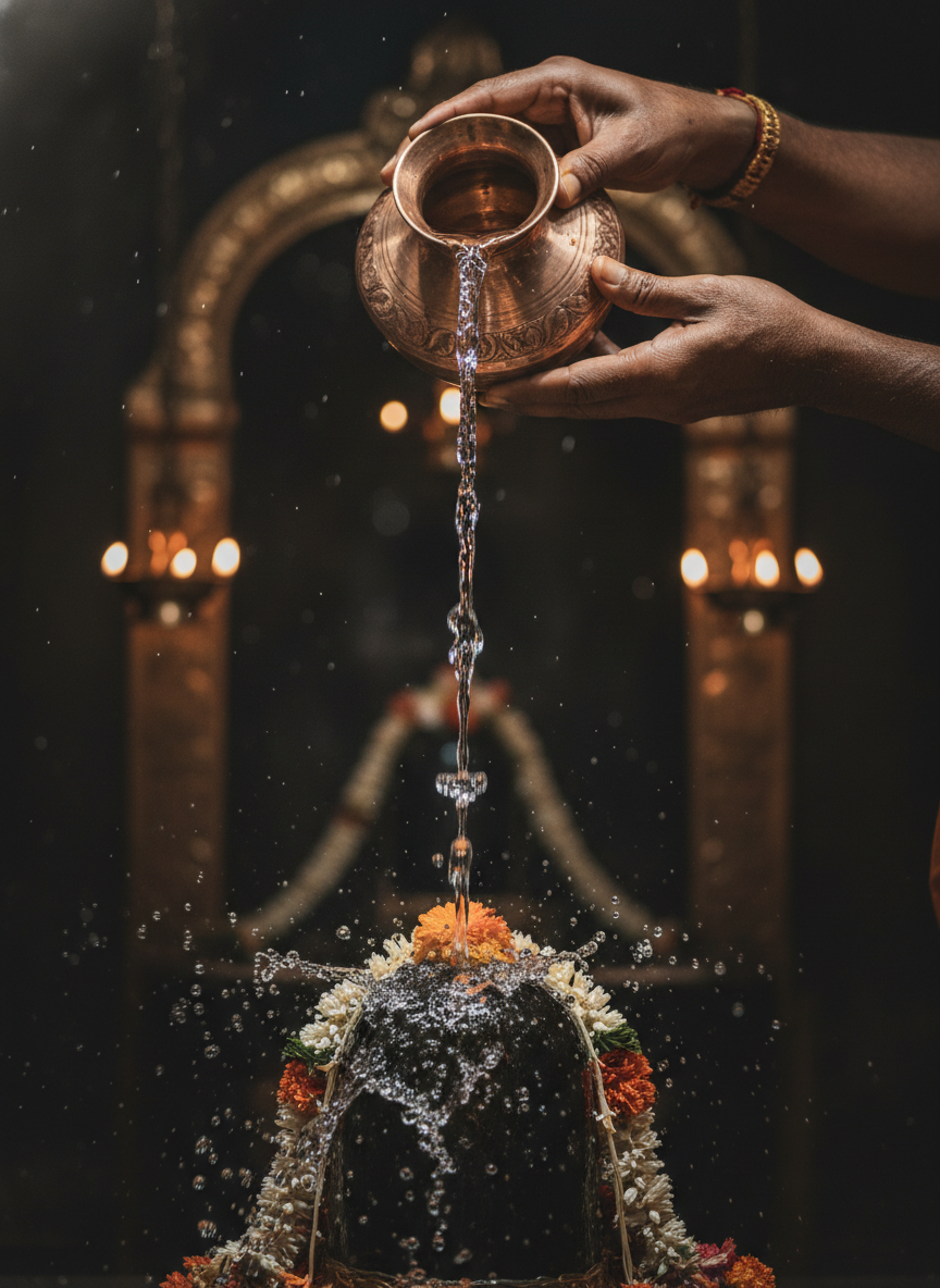 Devotional scene showing Abhisheka ritual details