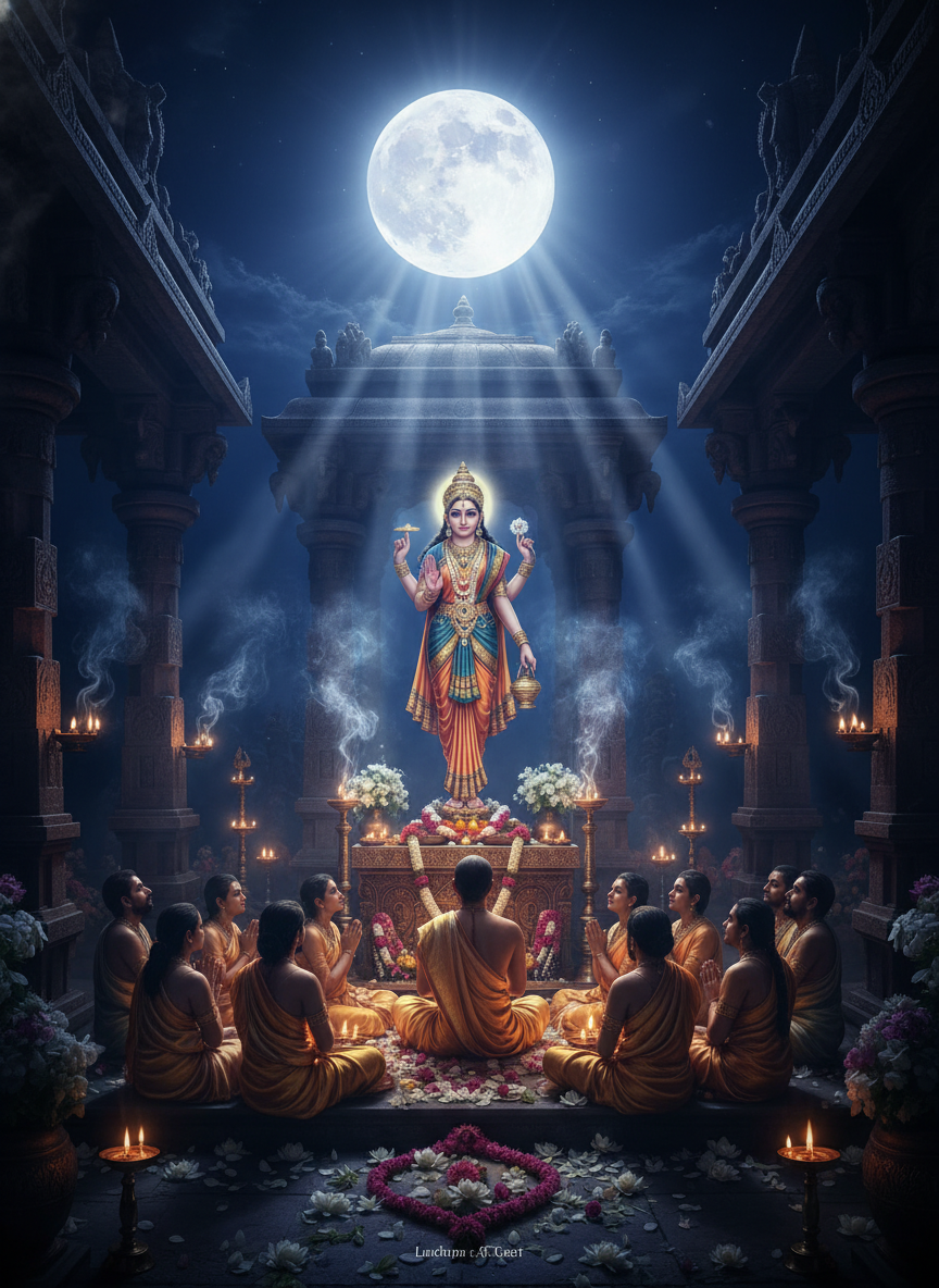 Pournami ritual arrangement setup with silver moonlight ambiance